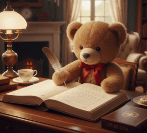 Image d'un petit ourson qui écrit dans le livre d'or
